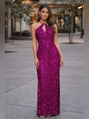 Glamorous Fuchsia Sequin Halter Prom Dress